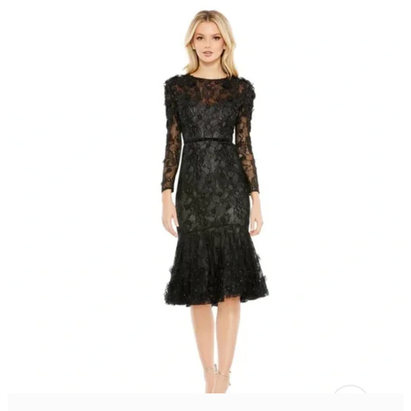 MAC DUGGAL Black 3D Floral Applique Beaded Sheer Lace Long Sleeve Midi Dress 8 - Picture 1 of 9